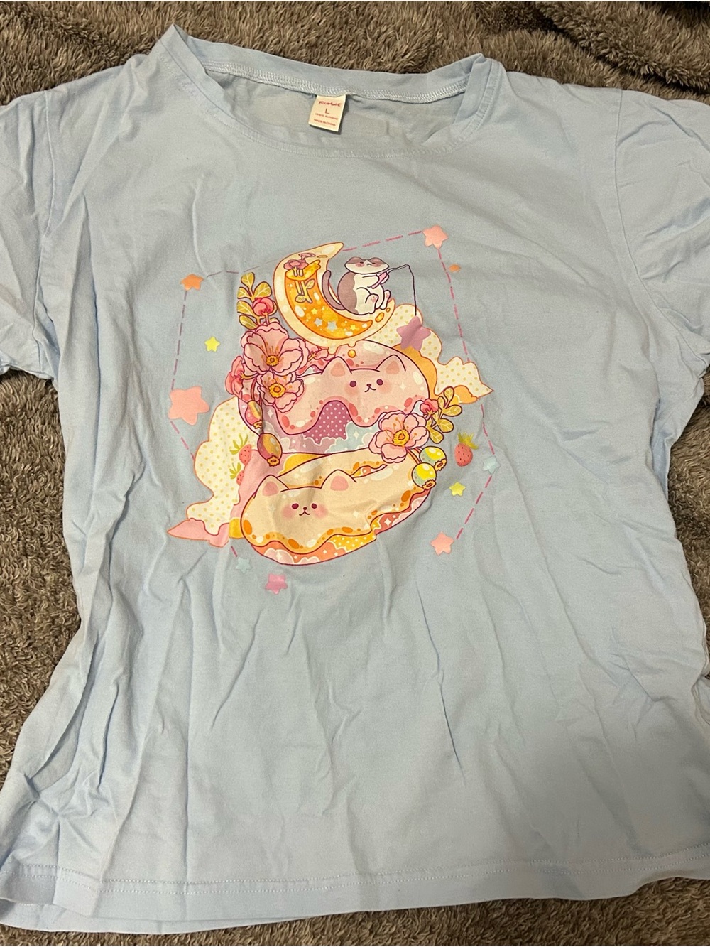 Light Blue Cute Kawaii Cat Moon Graphic Tee